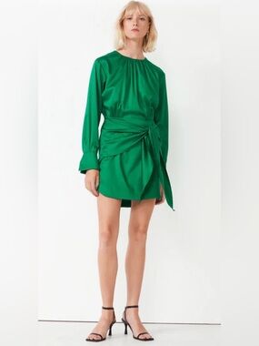 & Other Stories Emerald Green Satin Tie Waist Mini Dress 6